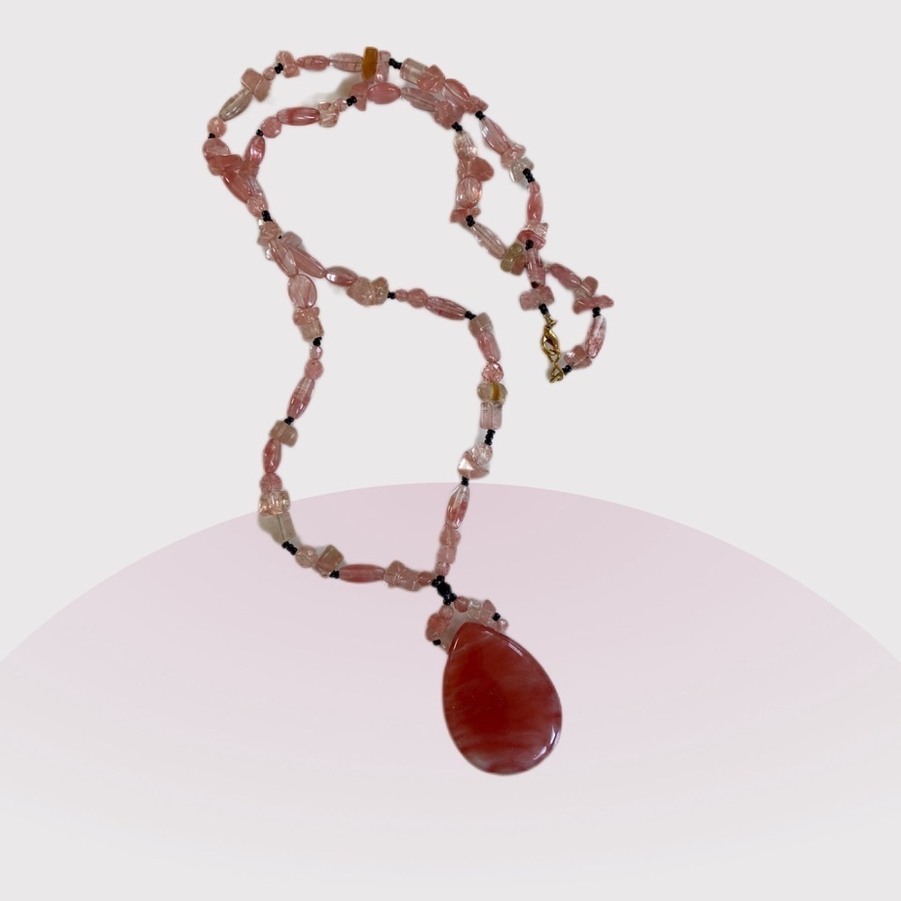 Rose Quartz and Glass Pendant Necklace 
30”long with 2”inch drop - Picture 2 of 8